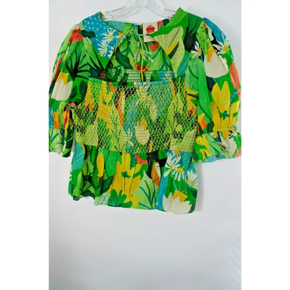 Farm Rio Women Sz S Tropical Toucan Floral Smocked Puff Sleeve Peplum Blouse NWT
